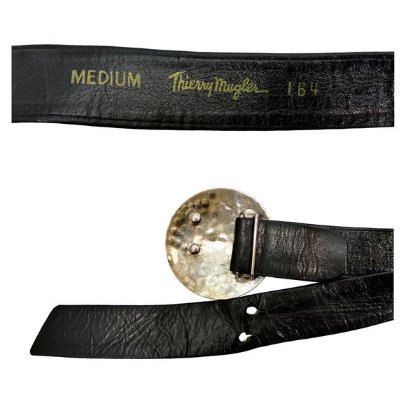 Vintage Thierry Mugler Black Leather Belt Hammered Silver Disc Buckle M